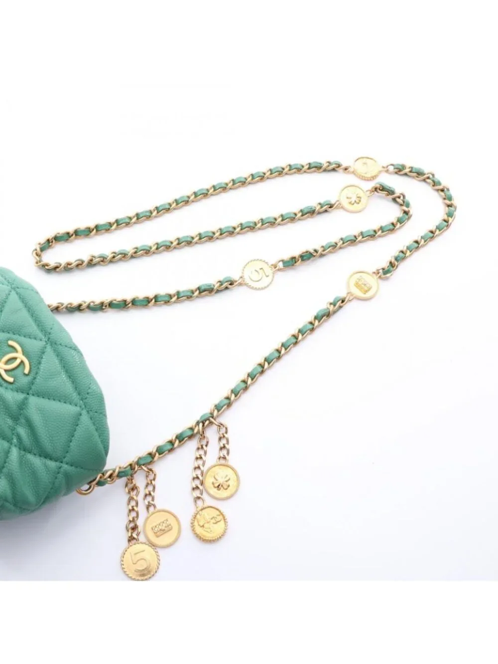 Chanel Shoulder Bag Quilted Mini Bucket Drawstring Green Caviar Leather Chain